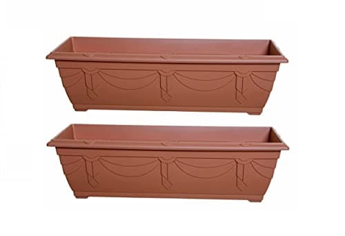 Image of Set Of 2 Slim Venetian Window Box Trough Planter Small 60cm Plastic Plant Pot Terracotta Colour