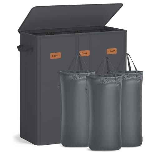 Image of SONGMICS 3-Compartment Laundry Basket, 42.2-Gallon (160 L) Laundry Hamper with Lid, 5 Labels, Removable and Machine-Washable Liner Bags, for Bedroom, Dark Grey RLH013G01