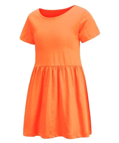 Image of Aisyee Girls Dress Orange Cotton Short Sleeve Casual Dresses for Girls Kids Twirly A-line Skater Dresses for School Party Age 6-7 Years