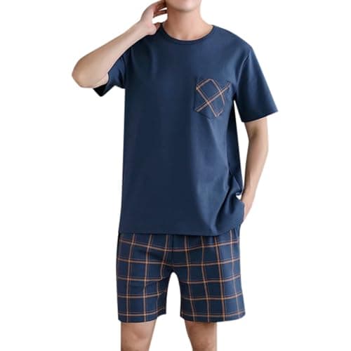 Image of WAZHAKU Men's Short Pyjamas 2 Pack Leisure Suit 2-Piece Short Loungewear Trousers Checked and T-Shirt Lounge Set Short Sleeve Pyjamas for Men Crew Neck Sleepwear Pyjamas Set of 2 Nightwear, R Blue, L