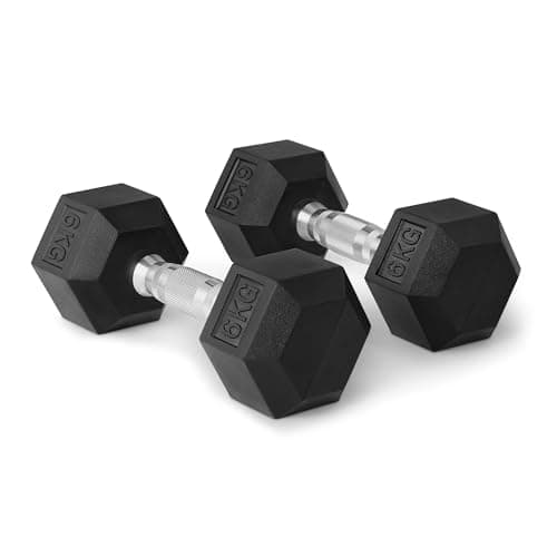 Image of Amazon Basics Rubber Encased Hex Dumbbell Weights Set, 6 kg, Black