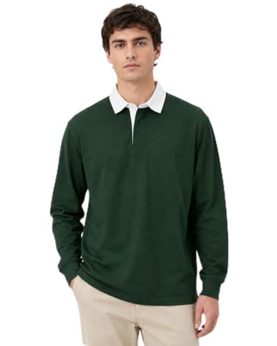 Image of Gaffer Mens Rugby Shirt Long Sleeve Polo Top Plain Single Stripe Multi Stripe Classic Casual Sports Workwear Dark Green - Plain XL