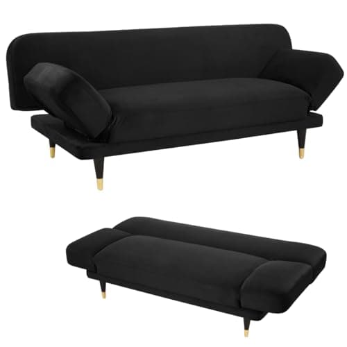 Image of Home Detail Fabric Sofa Bed, Three Seater Fabric Clic Clac Sofabed with Adjustable Armrests 3 Seater Futon in Boucle or Velvet Fabric (Black Velvet)