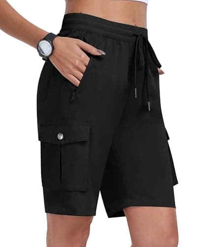 Image of MoFiz Women's Walking Shorts Bermuda Cargo Shorts Elastic Waist Long Shorts Casual Sports Hiking Running Outdoor Short Pants with 6 Pockets Black Size L