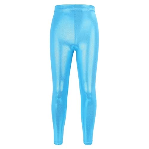 Image of PythJooh Girls Dance Leggings, Little Girls Sparkle Glitter Gymnastics Full Length Pants Metallic Athletic Dancewear Leggings 3-14 Years Blue