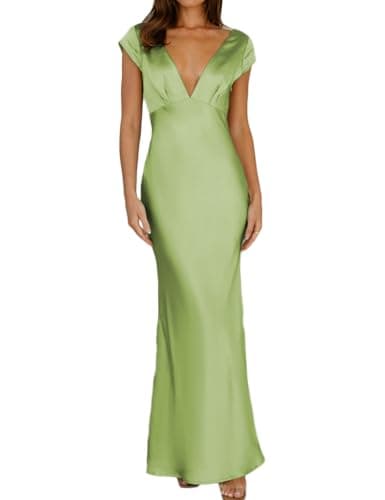 Image of Halfisland Womens Summer Satin V Neck Cap Sleeve Backless Maxi Dress Elegant Twist Cut Out Midi Dresses Wedding Guest, Fruit Green, XS