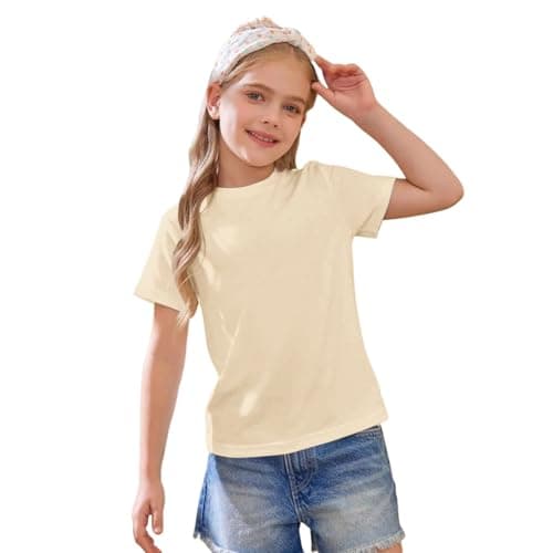 Image of Girls Solid Soft Short Sleeve T Shirts Crew Neck Comfy Loose Preppy Tees Tops Kids Girls Cute Funny Casual Birthday Blouse Outfits Solid Short Sleeve Tunic (Beige, 10-11 Years)