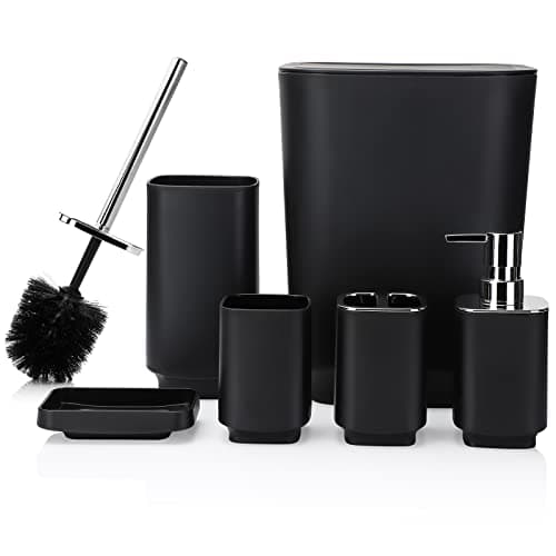 Image of JOTOM 6 Pieces Bathroom Accessory Set Luxury Plastic Bathroom Accessories Set Trash Can Toilet Brush Set Toothbrush Holder Tumbler Soap Dish Soap Dispenser Bath Set Gift (Black)