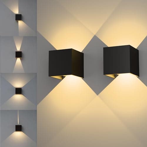 Image of KarlpaSW Wall Lights Mains Powered 2pack,Adjustable Beam 12W 3000K Warm White Up and Down Lights Outdoor,IP65 Black Square Aluminium LED Wall Sconce for Front Door,Garage,Porch