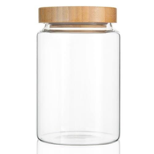 Image of INCETUE 900ML/30Oz Clear Glass Storage Canister with Airtight Bamboo Lid, Cute Decorative Food Container Jar for Coffee, Spice, Sugar, Salad, Flour, Pepper, Candy, Cookie, Overnight Oats - Medium