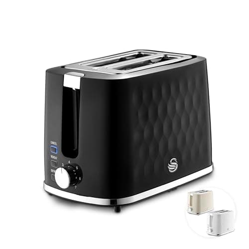 Image of Swan Hexton Variable Width 2 Slice Toaster, 7 Browning Levels, Cancel/Reheat/Defrost, Removable Crumb Tray, Cord Storage, 900W, Black with Chrome Accents, ST19037BLK