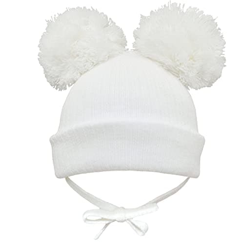 Image of Faith & Sarah Kids Baby Beanie Hat - Unisex Boy Girl - Double Pom with Chin Ties - Fleece Lined - Knitted Bobble Cap White Newborn
