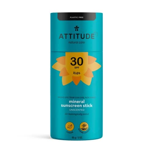 Image of ATTITUDE Body Sunscreen Stick SPF 30, Broad Spectrum UVA and UVB, Plastic-Free Waterless, Plant and Mineral-Based Ingredients, Vegan Sun Care Products, Unscented, 85 grams