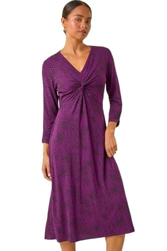Image of Roman Fit and Flare Dress for Women Ladies Chest Twist Knot Ruched Tea Skater Empire Waist Wedding Guest Smart Casual Swing Midi 3/4 Long Sleeve Knee Length - Petite Purple - Size 16