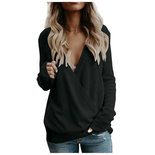 Image of Generisch Women's 2024 Deep V-Neck Wrap Jumper Long Sleeve Front Loose Knitted Jumper Winter Tops, black, XXL