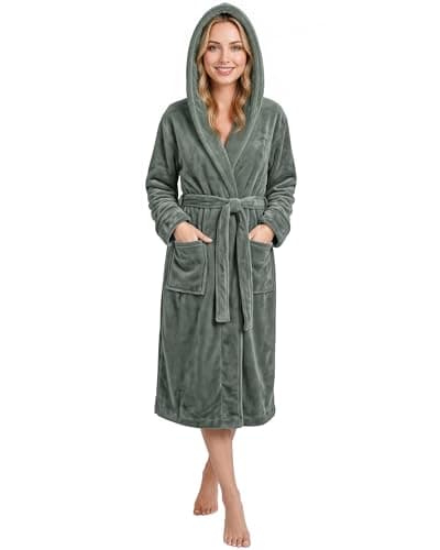 Image of NY Threads Luxury Ladies Hooded Dressing Gown Super Soft Fleece Women's Robe Comfortable Loungewear and Nightwear, Steel Grey, Medium