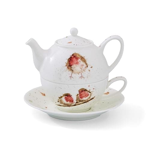 Image of Royal Worcester x Wrendale Designs Tea for One Set - Fine Bone China Teapot with Matching Cup and Saucer, Featuring Charming Robin Illustration by Artist Hannah Dale, 16.5 x 15cm