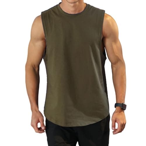 Image of Men's Workout Bodybuilding Tank Tops Athletic Training Gym Shirts Vest Cotton Cut Off Sleeveless Muscle T-Shirt Army Green L