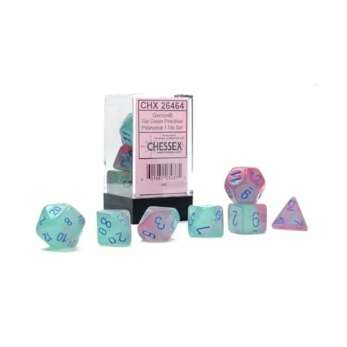 Image of Gemini Polyhedral Dice Set Set of 7 Dice in a Variety of Sizes Designed for Roleplaying Games Premium Quality Dice for Tabletop RPGs Luminary Green, Pink and Blue Color Made by Chessex (CHX26464)