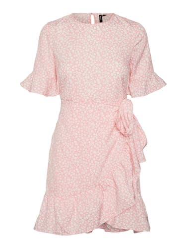 Image of VERO MODA Women's VMHENNA 2/4 O-Neck Short Dress NOOS Wrap Dress, Geranium Pink/AOP:MINI Henna VIC, XS