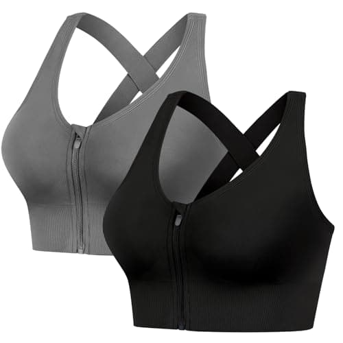 Image of FVXYnnv 2 Pack Sports Bras for Women, Zipper Front Closure Workout Running Bra High Impact Seamless Padded Wireless Yoga Bras (Black Grey, XL)