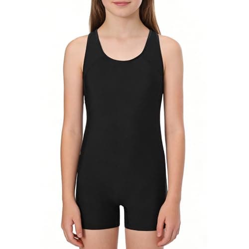 Image of SCCGKP Girls One Piece Swimsuits Athletic Boyleg Bathing Suits Racerback Competitive Swimwear for Kids Training Beach Sports Size 5-16 (UK, Age, 13 Years, 14 Years, Regular, Black)
