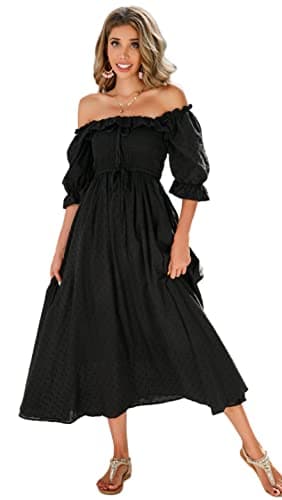 Image of R.Vivimos Women's Polka Dot Slim Half Sleeve Puff Flare Sleeve Square Neck Tie Long Midi Dress (Medium,Black#2)