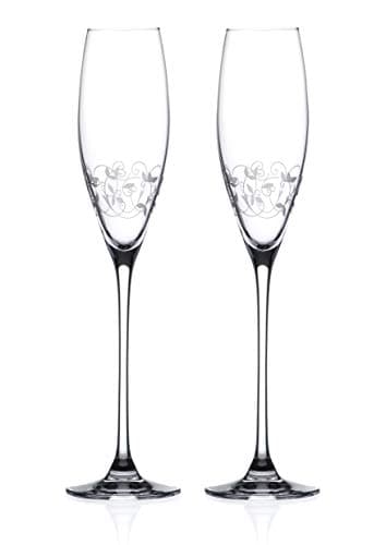 Image of DIAMANTE Champagne Prosecco Flute Glasses Pair with Delicate Filigree Etched Design Set of 2 in Gift Box
