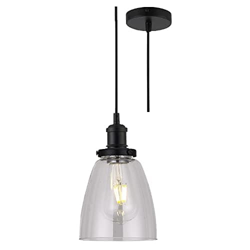 Image of Britalia Matt Black & Clear Conical Tulip Glass Vintage Retro Pendant Ceiling Light | 14cm Diameter | Black Braided Cable | 1 x ES E27 Lamp Bulb Required | 240 Volts | Bedroom - Lounge - Kitchen