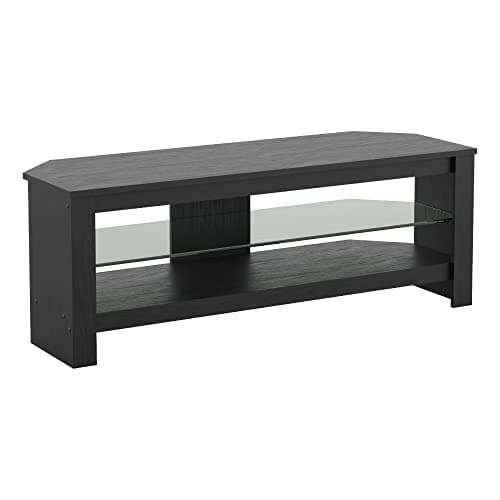 Image of mahara Black Corner TV Stand - Black Oak Effect TV unit for up to 55" with glass shelf - Max TV Weight 40Kg-TV Floorstand L115cm x D39.5cm x H41.4cm