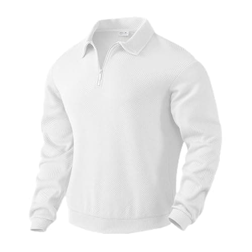 Image of MakingDa Collared Sweatshirt Men Long Sleeve Casual Smart Quarter Zip Polo Neck Jumpers Retro Jacquard Knitted Tops Regular Fit Winter Pullover Knitwear-White-S