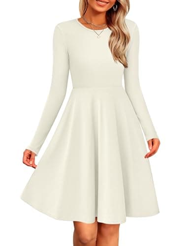 Image of Zeagoo Women's Winter Jumper Dress Round Neck Long Sleeve Dresses Elegant Tunic Swing A-Line Dress Beige M
