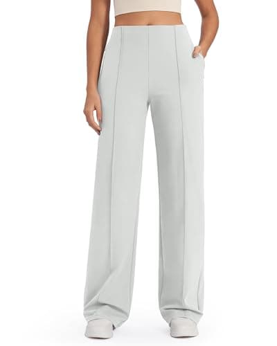 Image of G4Free Wide Leg Trousers for Women UK with Pockets High Waist Stretchy Loose Business Trousers Elegant Casual Dress Pants Petite Light Gray,S