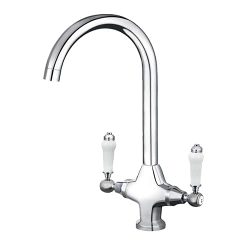 Image of Funime Traditional Kitchen Sink Mixer Tap with Ceramic Dual Lever, Monobloc Victorian Style Kitchen Tap 1 Hole Elegant Brass Chrome Swivel Mono Retro Vintage Sink Faucet with Flexible Hoses