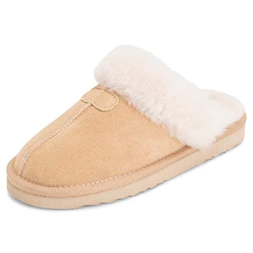 Image of Polar Women’s Suede Winter Mules Slippers - Warm Faux Sheepskin Lining, Australian Style - Indoor House Shoes with Non-Slip Sole - Beige - UK 6
