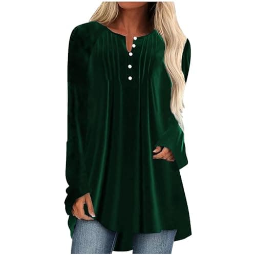 Image of Keepink Ladies Jumpers Size 8-22 Velvet Tops for Women UK Long Sleeve Henley Blouses Pleated Button V Neck T Shirts Oversized Dressy Elegant Casual Shirts Party Longine Tunic Top