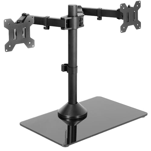 Image of VIVO Freestanding Dual Monitor Stand with Sleek Glass Base and Adjustable Arms, Mounts 2 Screens up to 32 inch and 22 lbs Each, Black, STAND-V002FG