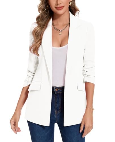 Image of MINTLIMIT Women Notched Lapel Open Front Blazer 3/4 Ruched Sleeve Jacket Suit Work Office (White XXL)