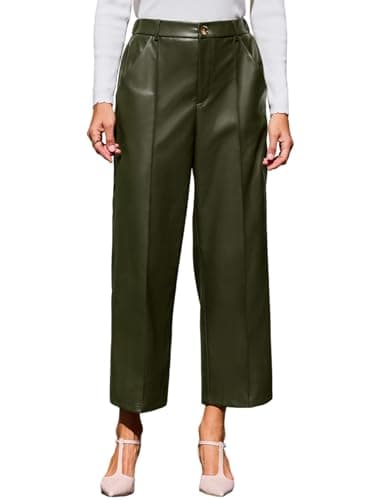Image of CUPSHE Women Trousers Faux Leather High Waist Wide Leg PU Cropped Trousers with Pockets Green M