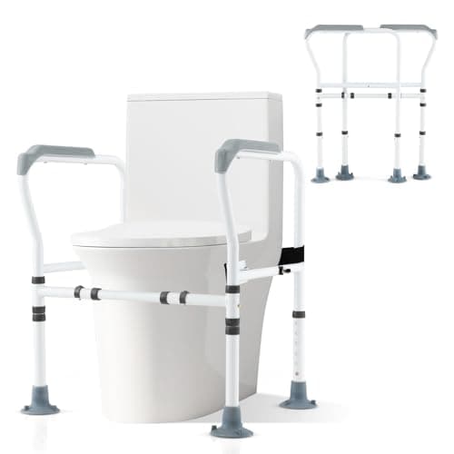 Image of COSTWAY Foldable Toilet Safety Frame, Height & Width Adjustable Toilet Handrail Support Aids with Fixed Strap, Non-Slip Bathroom Toilet Frame Safety Rails Stand for Eldery Handicap Disabled (Grey)