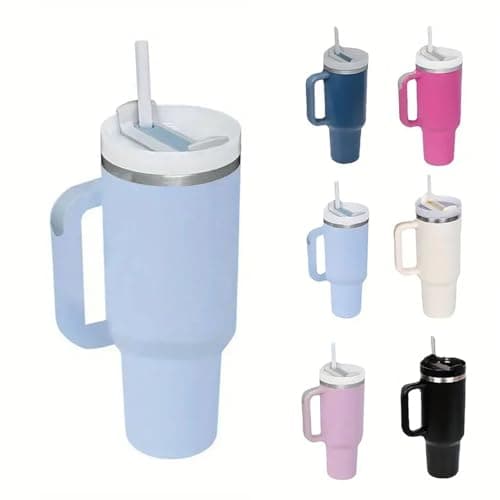 Image of Travel Mug Coffee Cup 40oz Tumbler Straw Lid and Handle, Stainless Steel Insulated Water Bottle - Leakproof, Insulated Water Bottle with Handle and Straw Cup for Home, Office, Car, Travel (Blue)