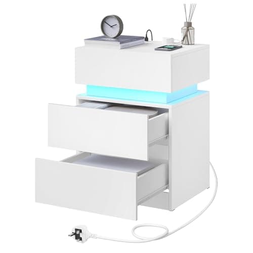 Image of WOLTU Bedside Table, Nightstand with Charging Station, LED Night Table, with 2 Sockets, 1 USB Port and 1 Type-C Port, 2 Drawers, White, NTS23ws