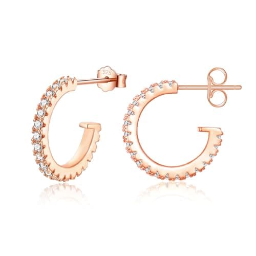 Image of Rose Gold Hoops Earrings for Women, Small Cubic Zirconia Paved Open Huggie Hoops | Sterling Silver Cuff Stud Earrings, Gold Earrings for Women Piercing Jewellery for Girls Teens, 12mm