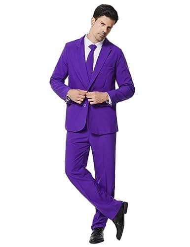 Image of ACH Mens Suit Black White Red Purple Orange Green Suits for Men 3 Piece Halloween Prom Party Costume Outfit Jacket Tie Pants, Purple, M