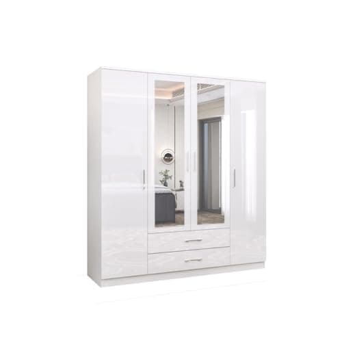 Image of GLOSSIQUE 4 Door High Gloss Wardrobe with Mirror – MDF Board Bedroom Storage Cabinet with Shelves & Drawers (White 160cm)