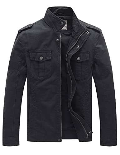 Image of WenVen Men's Casual Cotton Jacket Outdoor Lightweight Leisure Jacket Classic Full-Zip Jacket Military Jacket Grey M