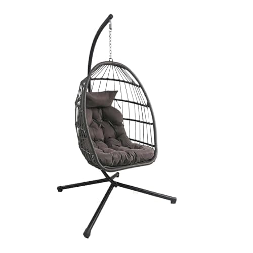 Image of Egg Chair Garden Swing Seat Rattan Foldable Hanging Hammock with Cushions Stand UV Resistant Outdoor Indoor Furniture (Dark Grey)