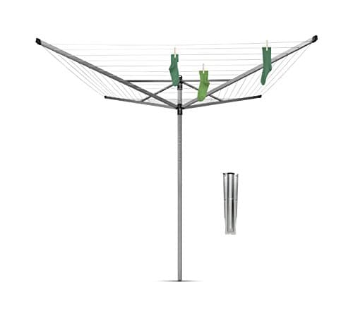 Image of Brabantia - Lift-O-Matic - 60 Metres of Clothes Line - Adjustable in Height - UV-Resistant & Non-Slip Lining - Umbrella System - Rotary Dryer with Ground Spike 45 mm - Metallic Grey - ø 295cm