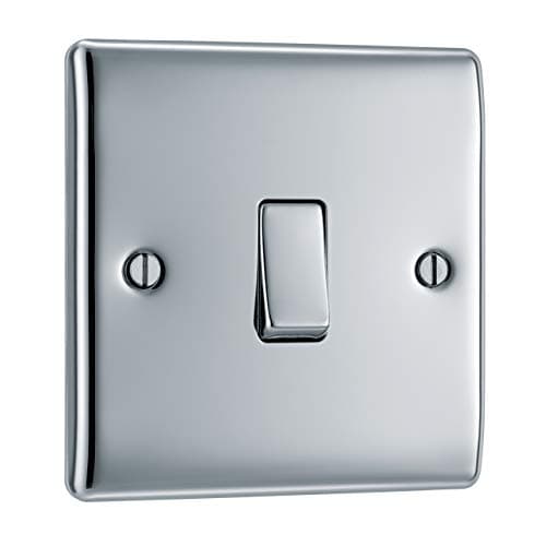 Image of BG Electrical Single Wall Light Switch, 2 Way, Raised and Slim Profile, Round Edges, Nexus Metal, Polished Chrome, 20A, 16AX, NPC12