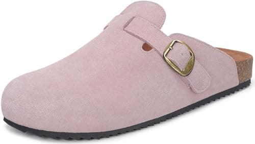 Image of Intini Suede Clogs Women Leather Boston Mules Soft Cork Footbed Adjustable Buckle with Arch Support Sandals Shoes Size Pink UK5=39